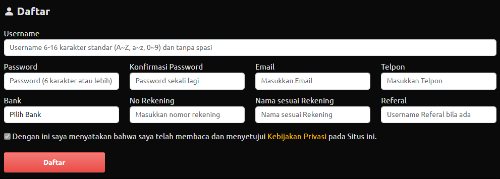 Formulir pendaftaran akun pengguna baru